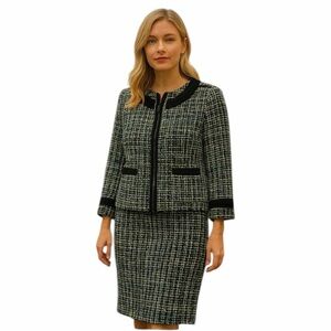 SANDRO ✘ Preppy Turquoise Black Tweed Jacket Midi Skirt Suit 2 Pc Set Office, L